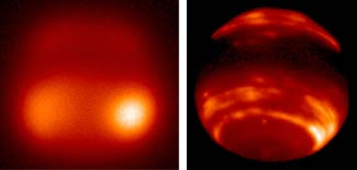 Adaptive optics (right) bring greater clarity to a blurry image of Neptune’s methane clouds (left). (University of Arizona)